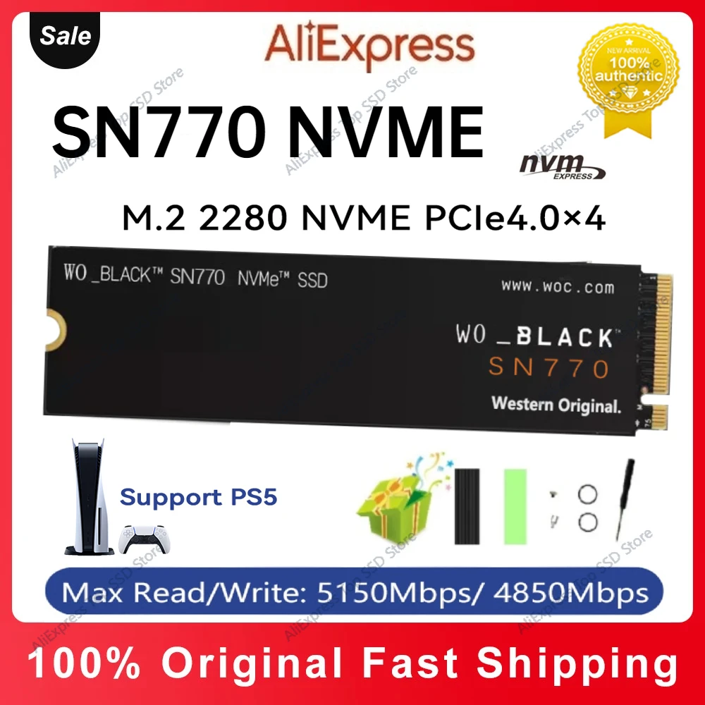

Western Original WO BLACK SN770 NVMe M2 SSD 2TB 1TB 500GB Internal Gaming Solid State Drive Gen4 PCIe M.2 2280 for PS5 Laptop PC