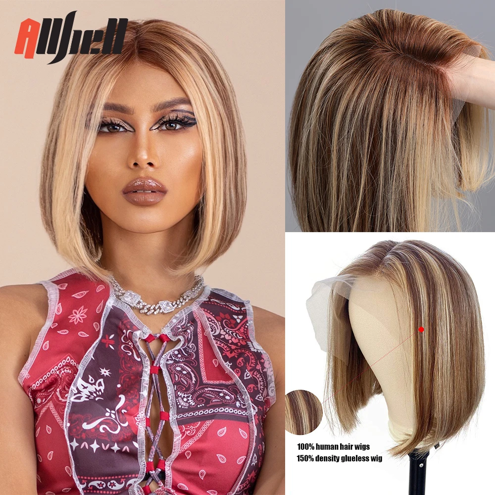 Remy Human Hair Brown With Blonde Highlights Wigs for Women Middle Part T Part Lace Frontal Human Hair Short Straight Wigs