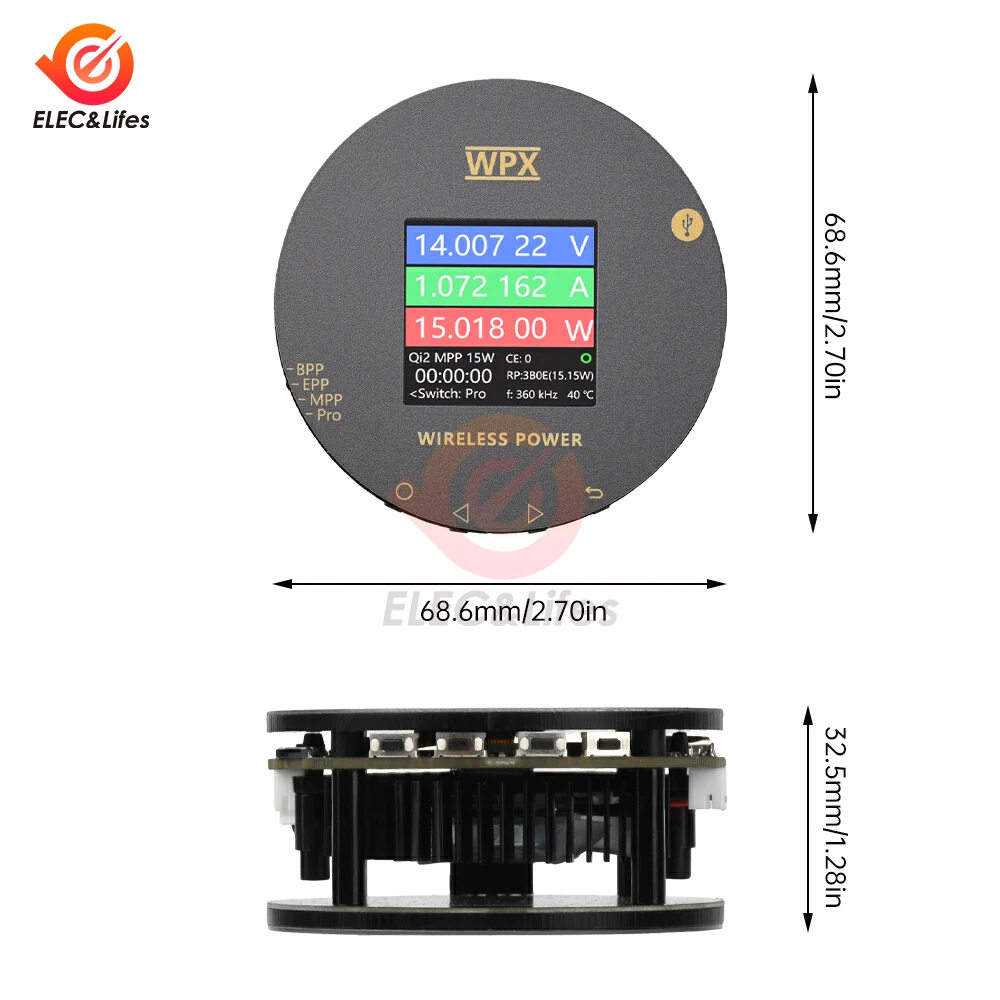 WPX-0001A 무선 충전기 테스터 1.54 LCD 디스플레이 Qi2/MPP25W 고속 충전 자기 다기능 전압 전류 전력 분석