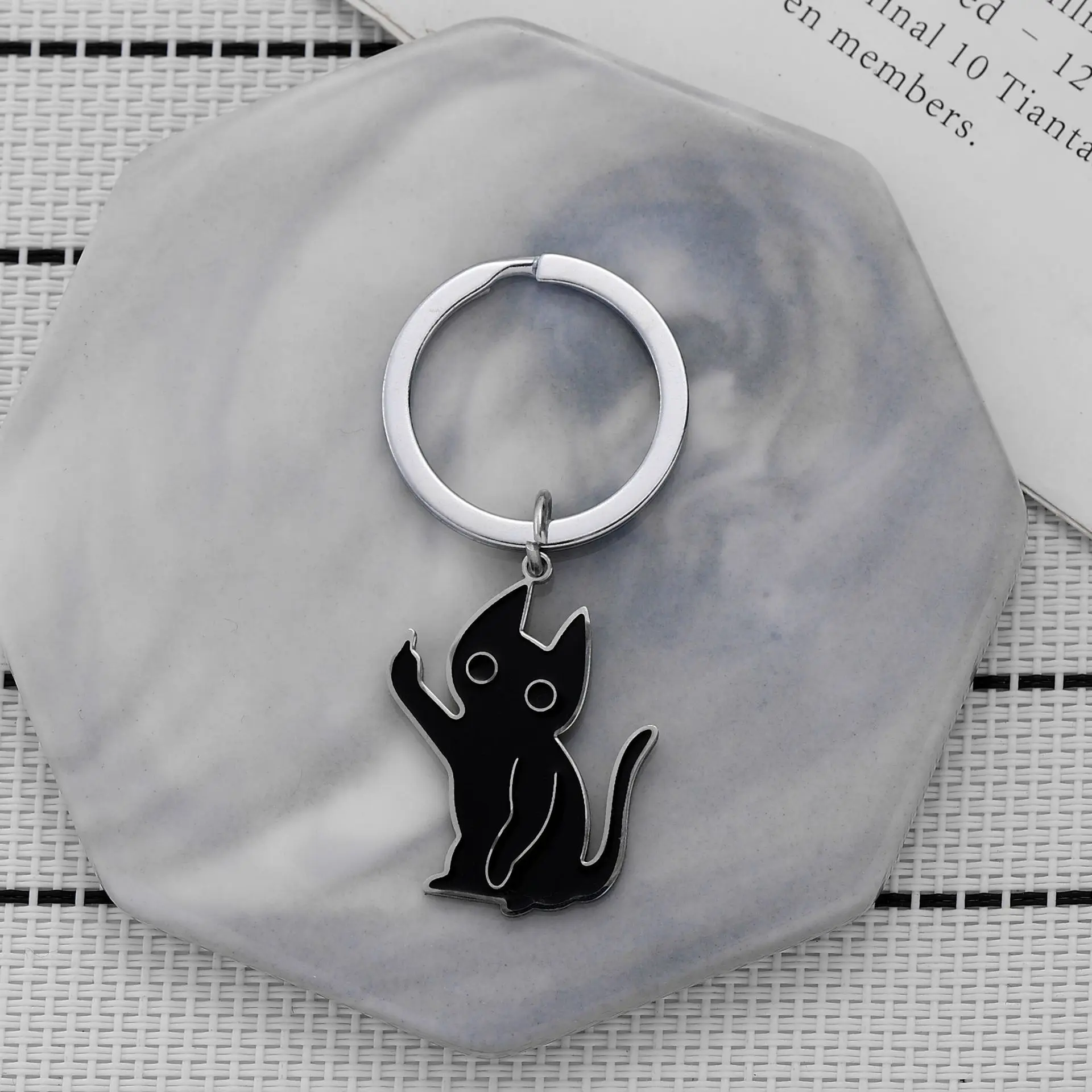 Funny Cat Keychain Stainless Steel Rude Gesture Pendant - Black Cartoon Middle Finger Gift for Women Men