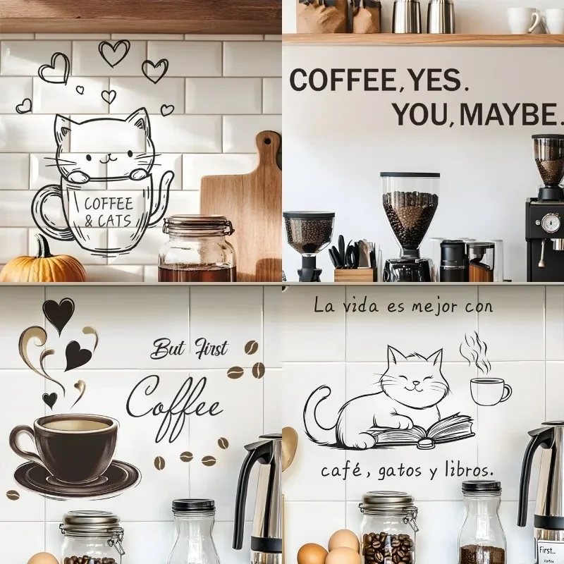 Spanish English Coffee Cat Wall Stickers PVC Self-adhesive Decals Kitchen Beautify Wallpaper Cafe Decor