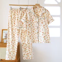 2026 New Spring/Summer Women's Pajama Set 100% Cotton Crepe Cute Thin Short Sleeve+Shorts+Pants Home Clothes 3-Piece Set - Image 3