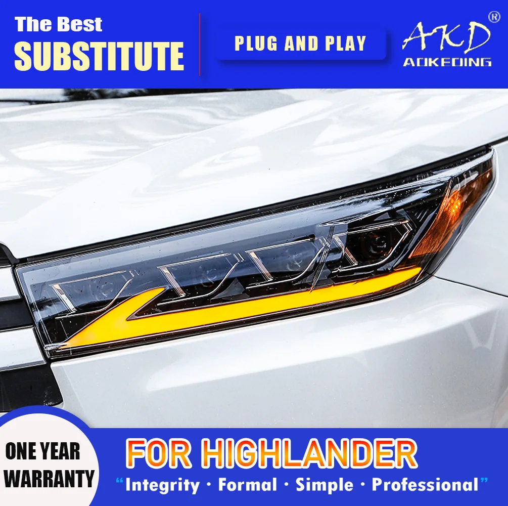 

Фара AKD для Toyota Highlander светодиодный, фара 2018-2021 Highlander DRL, поворотный сигнал, фара дальнего света, линза проектора Angel Eye