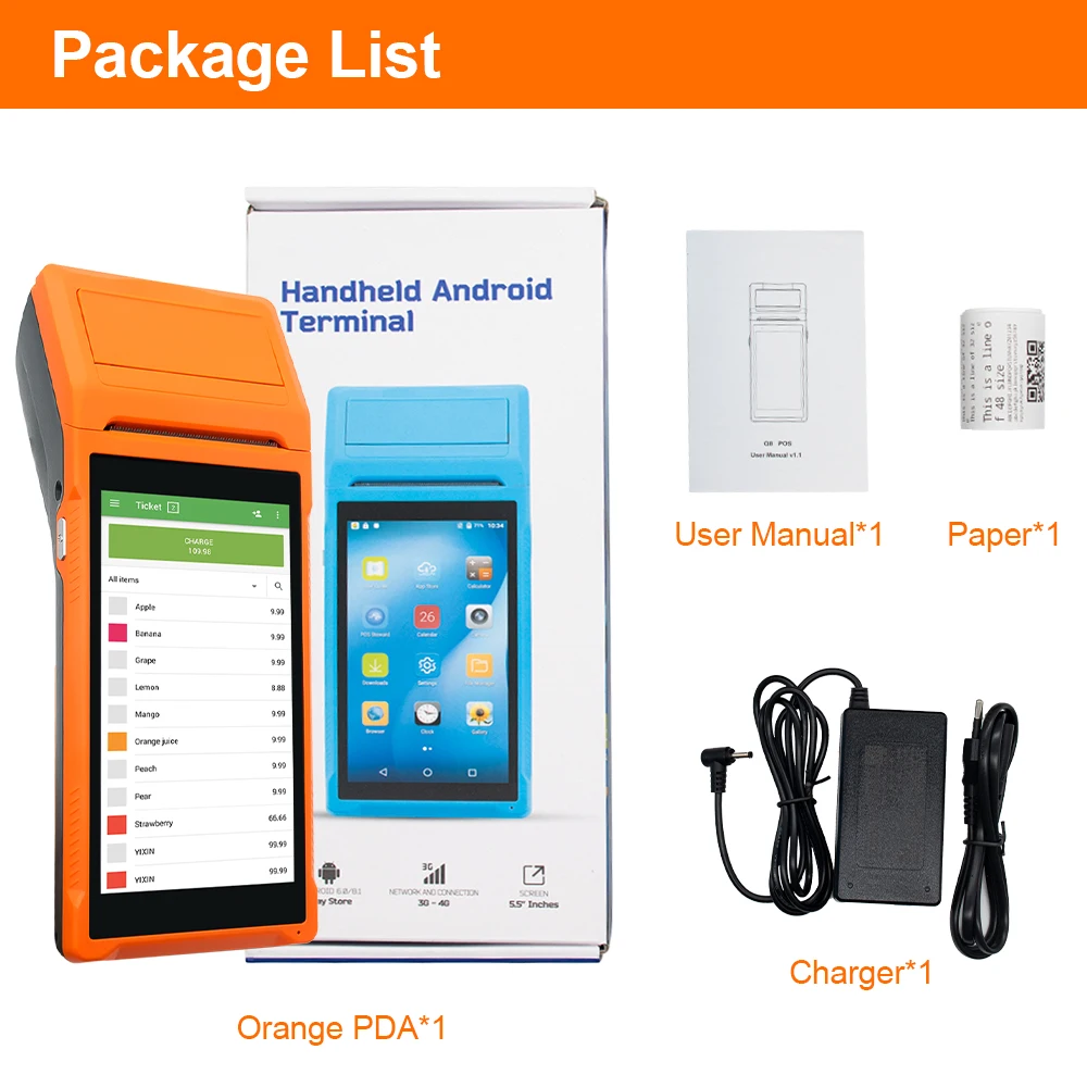 휴대용 PDA 안드로이드 11 단말기 POS 58mm 모바일 영수증 열전사 프린터 5.5''HD+ 지원 WiFi 1D/2D 스캐닝 POS 시스템