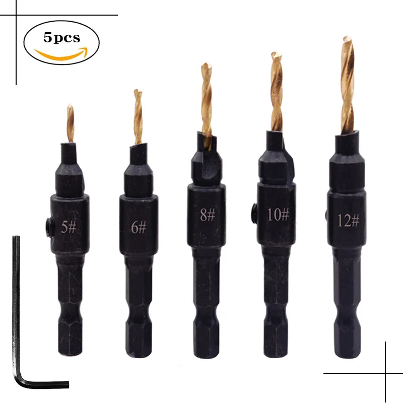 

Countersink Drill Woodworking Drill Bit Set Drilling Holes For Screw Sizes #5 #6 #8 #10 #12 With a Wrench Tools