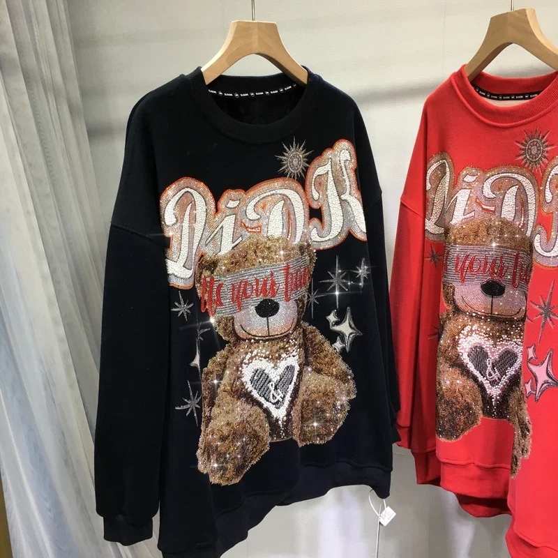 

Luxury Cute Bear Hot Drilling Women Sweatshirt Round Neck Loose Pullover Top Mid-long Autumn Winter Thicken Fleece Casual Hoodie
