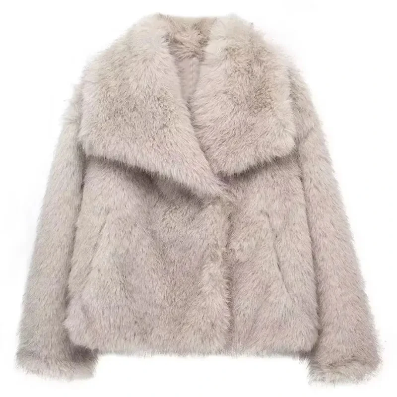 HH Women Fashion Faux Fur Jacket Vintage Turn-Down Collar