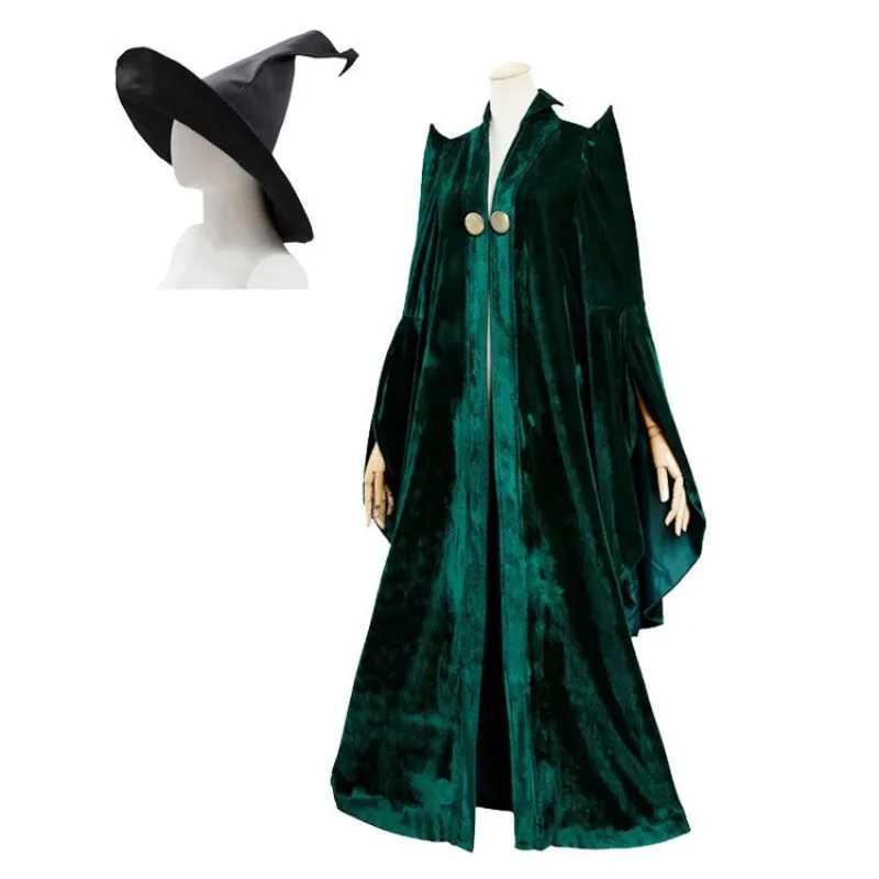 Movie Professor Mileva McGonagall Cosplay Costume Adult Women Green Cloak Witch Hat Suit Halloween Party Outfit