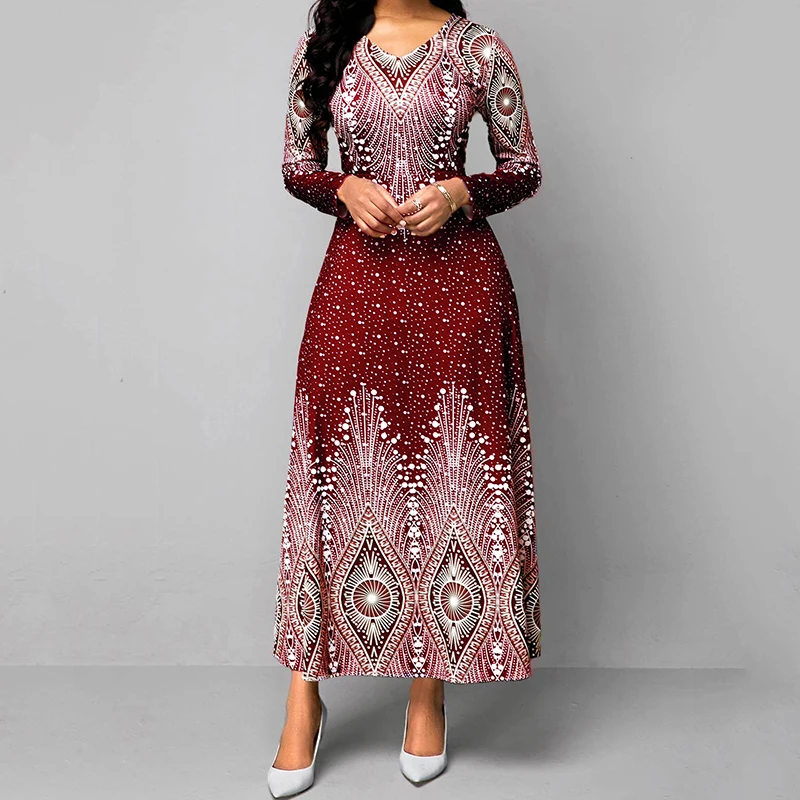 

Женское винтажное платье-трапеция с принтом, V-образным вырезом и длинным рукавом