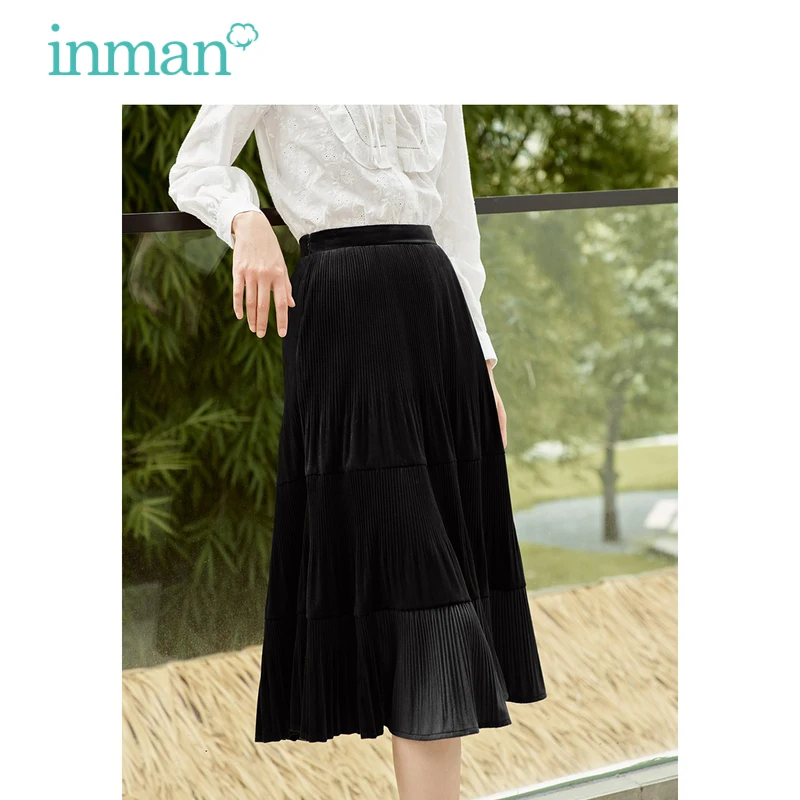 INMAN Women Skirt 2023 Autumn Elastic High Waist A-shaped Loose Pleated Design Plush Texture Fashion Versatile Mid-length Skirt