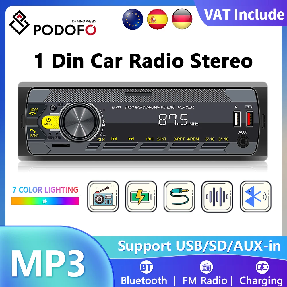 Podofo Audio para coche Radio 1 Din MP3 estéreo para coche Bluetooth FM AUX en USB botones coloridos aplicación remota Control reproductor Multimedia para coche 1