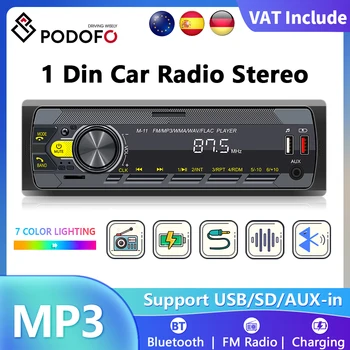 Podofo Audio para coche Radio 1 Din MP3 estéreo para coche Bluetooth FM AUX en USB botones coloridos aplicación remota Control reproductor Multimedia para coche 1