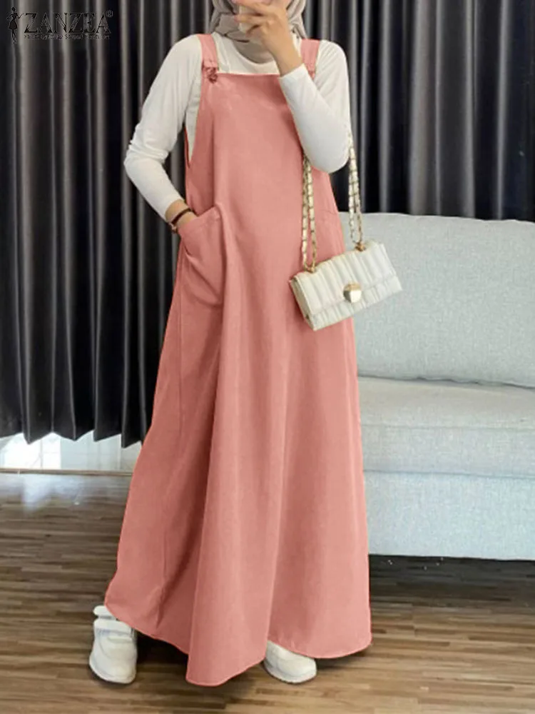 

ZANZEA Muslim Fashion Long Dress Women Autumn Sundress Ramadan Abaya Vintage Straps Solid A Line Maxi Vestidos Turkey Robe Femme