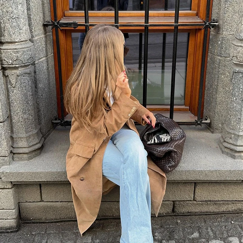 Fashion Lapel Suede Long Jacket Women Elegant Oversized Double-breasted Trench Overcoat Autumn Lady Commute Outerwear New
