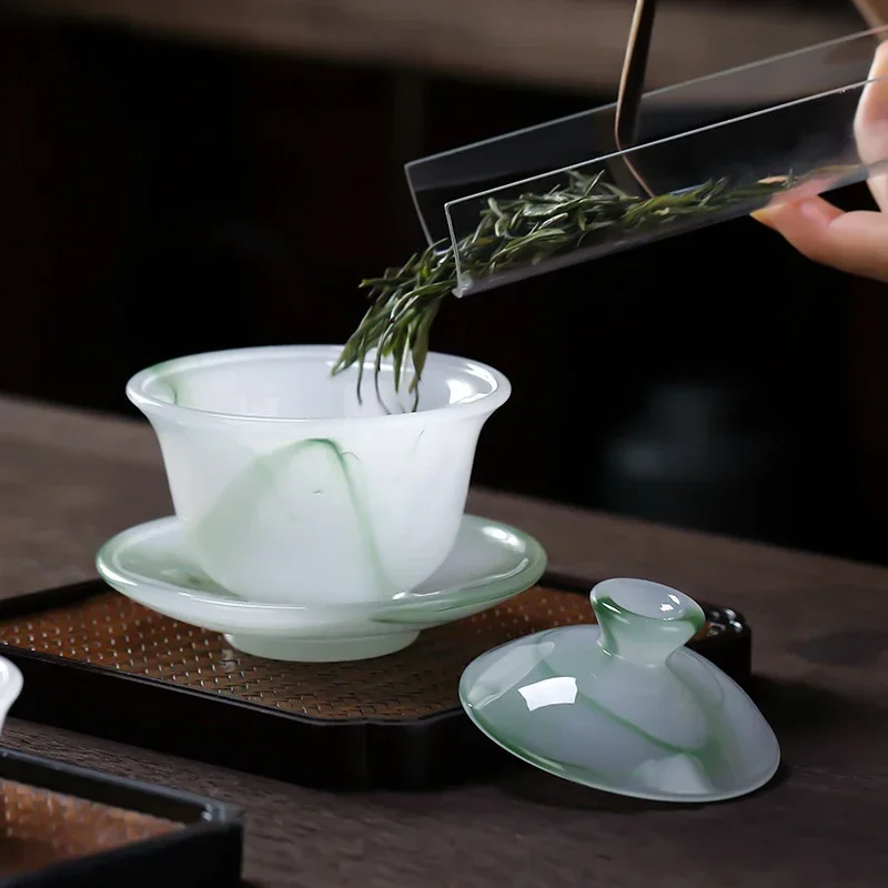 Emerald Green Jade Porcelain Gaiwan-Chufang Small Tea Tureen 100ml Sancai Cover Bowl Colored Glass Tea Cup for One Person