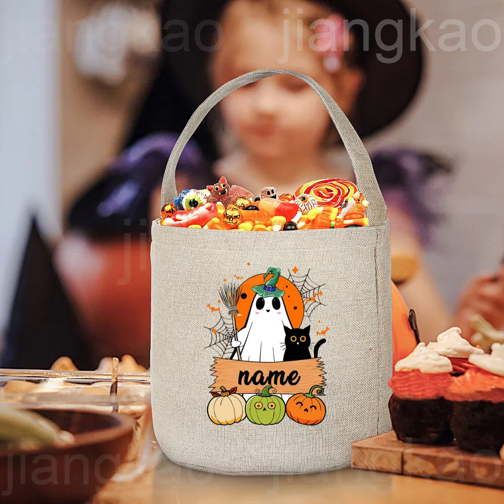 Gift Bags Personalized Trick or Treat Bag Name Candy Bucket Bag Halloween Party Ghost Tote Bags Portable Cookie Basket Gift for Kid