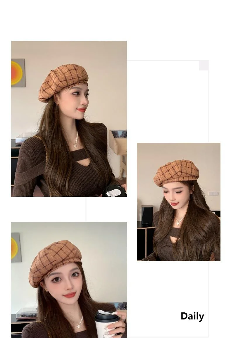 Plaid Beret Hat For Women British Retro Style Woolen Painter Cap_voghion.com