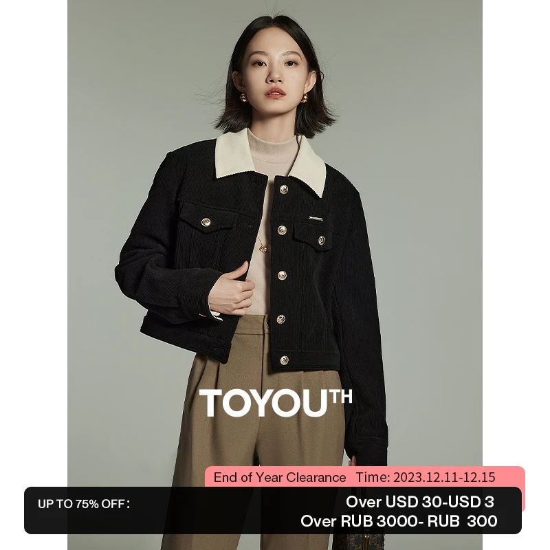 

Toyouth Women Plush Thickened Corduroy Jacket 2023 Winter Long Sleeves Polo Neck Coat Customized Metal Buttons Advanced Tops