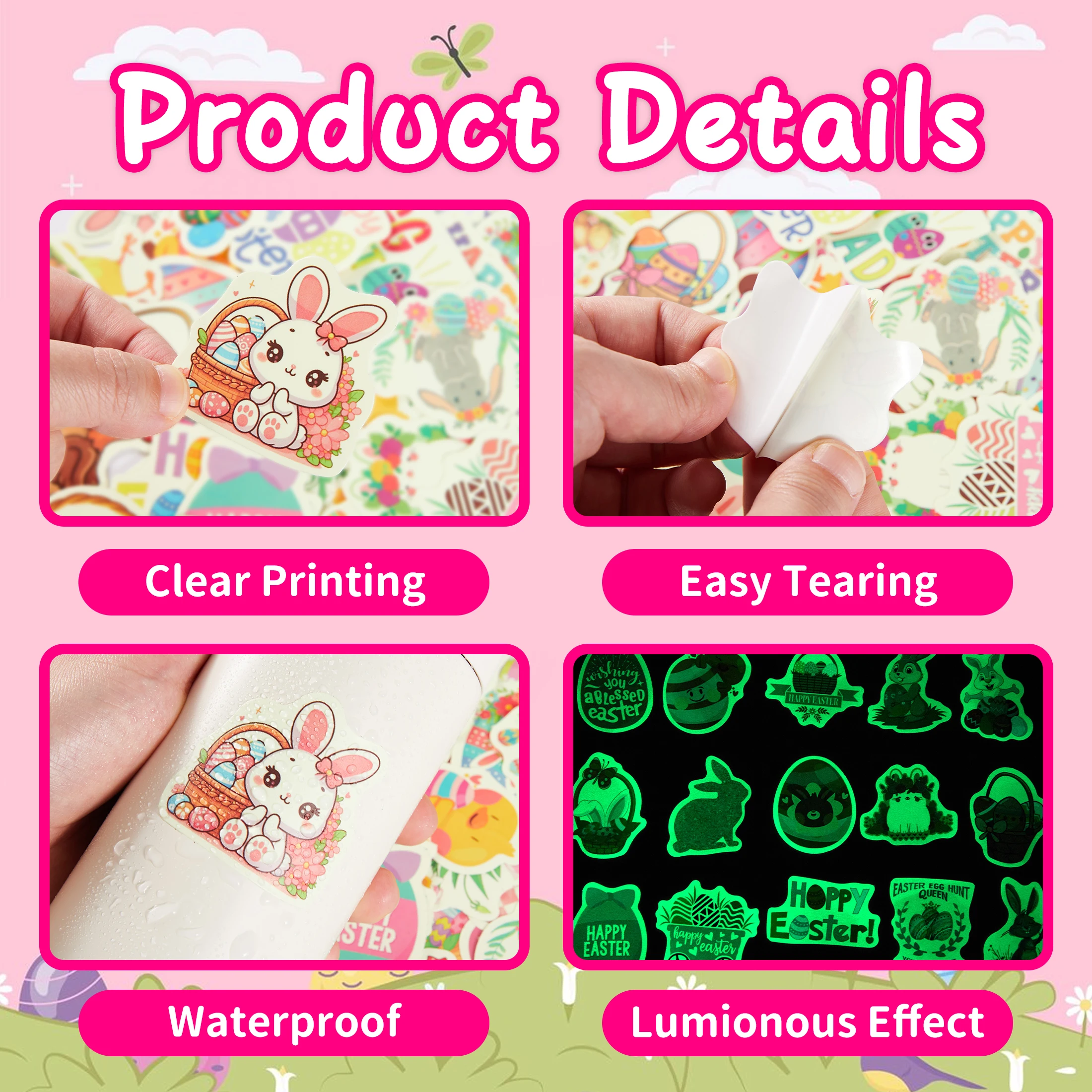 60개 야광 부활절 스티커, 물병용 부활절 달걀 원형 스티커, 방수 해피 부활절 휴일 파티용