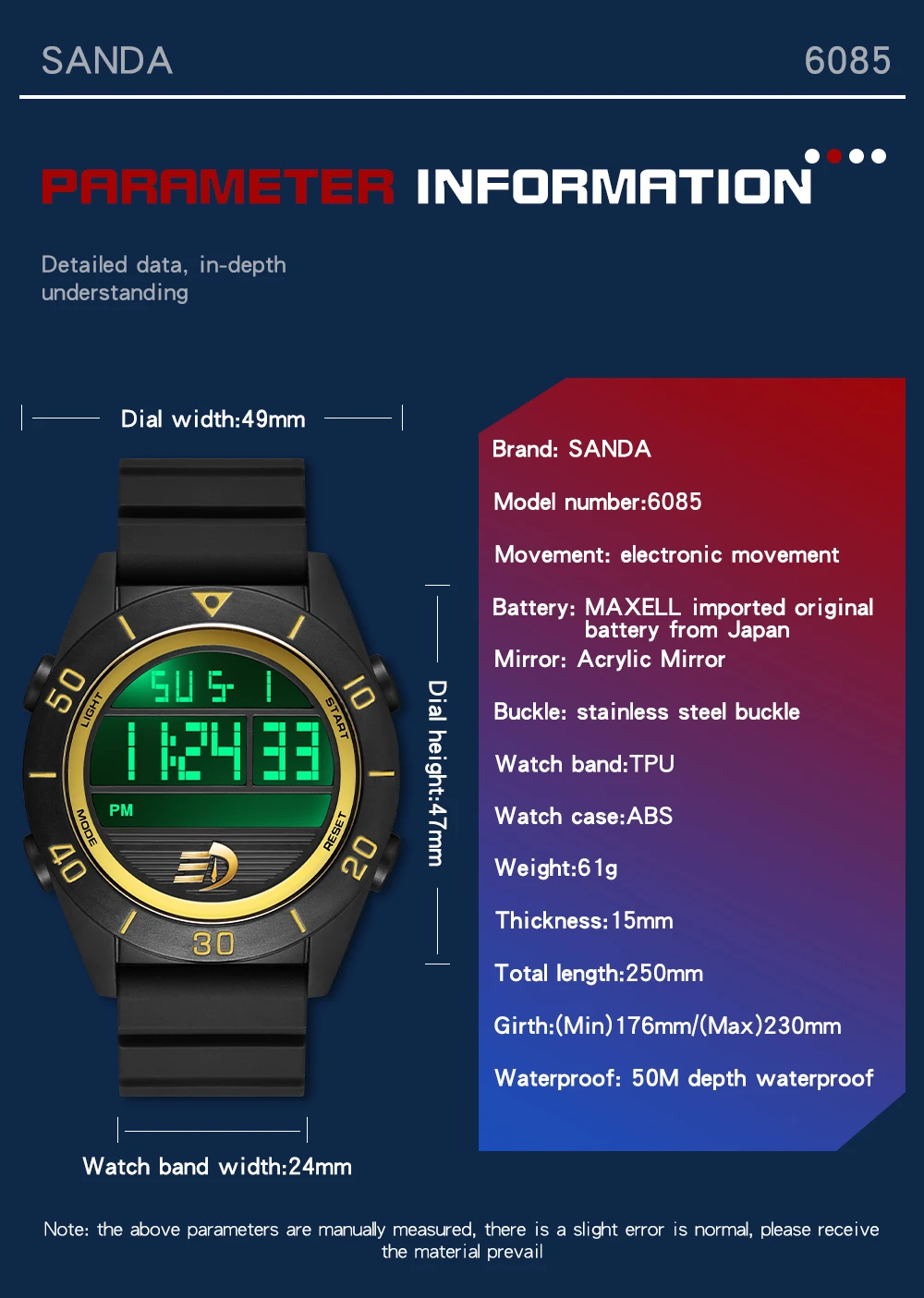 SANDA Brand Men Sports Watches Fashion Chronos Countdown Waterproof LED Digital Watch Man Military Wrist Luminous Men Watch 6085
