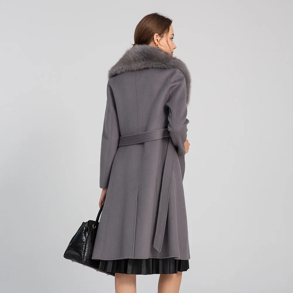 Elegant Women Real Wool Coat with Real Fox Fur Collar Lady's
