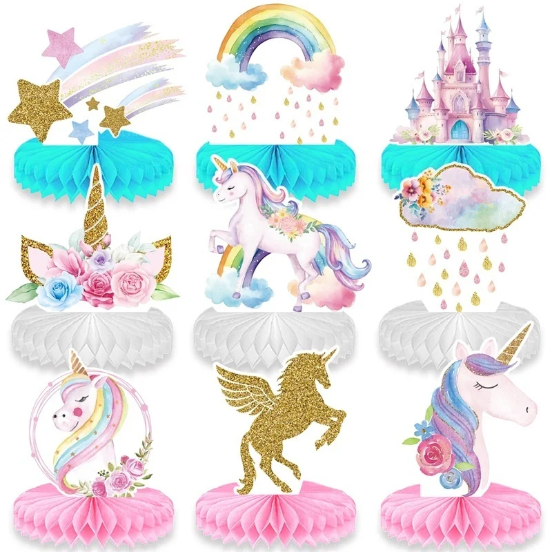 סט חדש של 9 קישוטי יומולדת יוניקורן לילדים ציוד למסיבת יומולדת קישוט עוגה רקע
