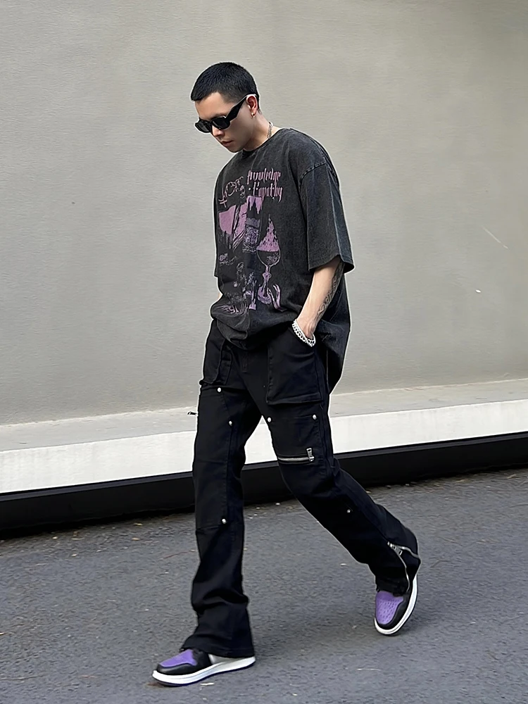 Men's High Street Slim Fit Pants Fashion Casual Side Zipper Work Dress Jeans Straight Sleeve Micro Flare Pants Men's Y2K Hip Hop