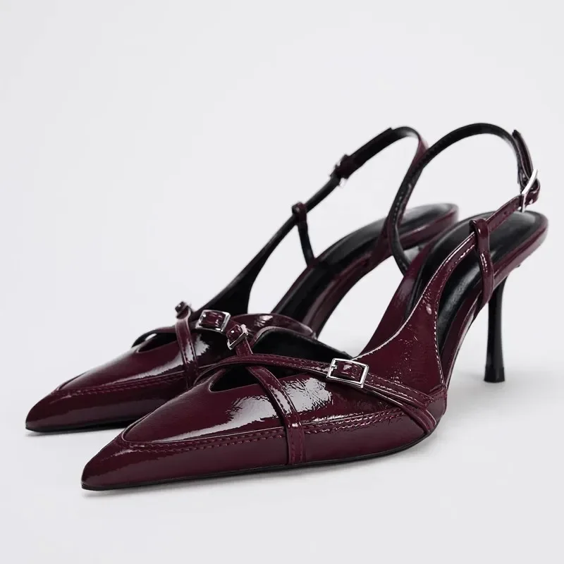 Women Slingback Sandals High Heels Pointed Toe Belt Buckle Mules Pumps
