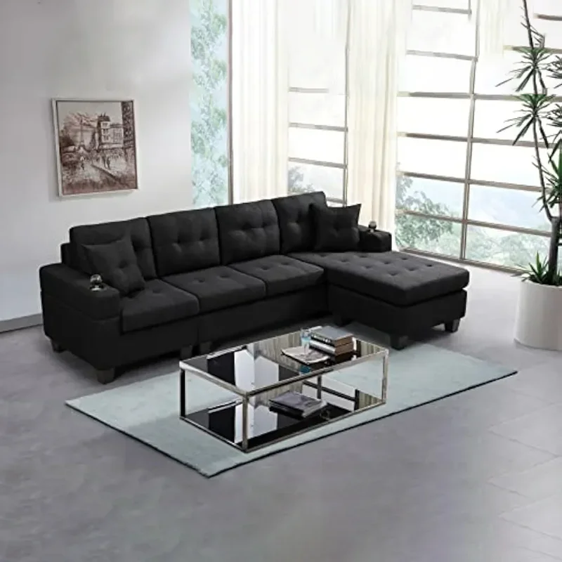 

Living Room Sofa L-shaped Upholstered Fold-down Sofa Bed With Reversible Longue Modern Fabric, Black Patio Furniture Outdoor Set