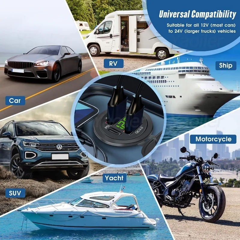Acquista Presa caricabatteria per auto USB C 12V-24V Presa da 100W PD e doppie porte QC 3.0 Adattatore di ricarica rapida per telefono con interruttore tattile per motocicletta RV per barca per