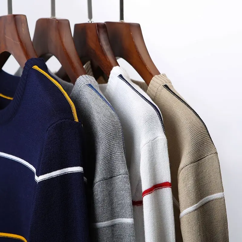 KPOP Fashion Style Harajuku Slim Fit Undershirt Casual All Match Knitwear Insert O Neck Stripe Patchwork Long Sleeve Sweaters