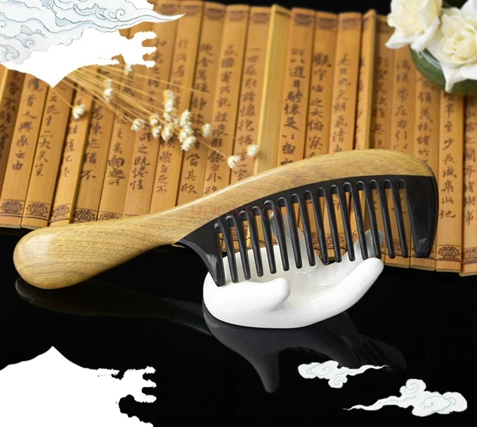 녹색 백단 황소 뿔 빗 긴 머리 여성 가구 손잡이 나무 빗