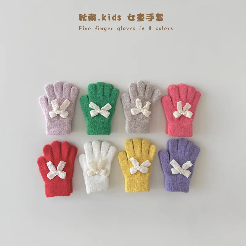 Korean Children's Gloves Winter Cute New Five-finger Finger Warm Bow Baby Kids Gloves & Mittens