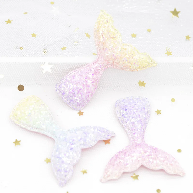 6 Stück gehobene glitzernde schillernde Stoff gepolsterte Patches Cartoon Meerjungfrau Schwanz Stick-on Applikation für DIY Haarspange Band Dekor