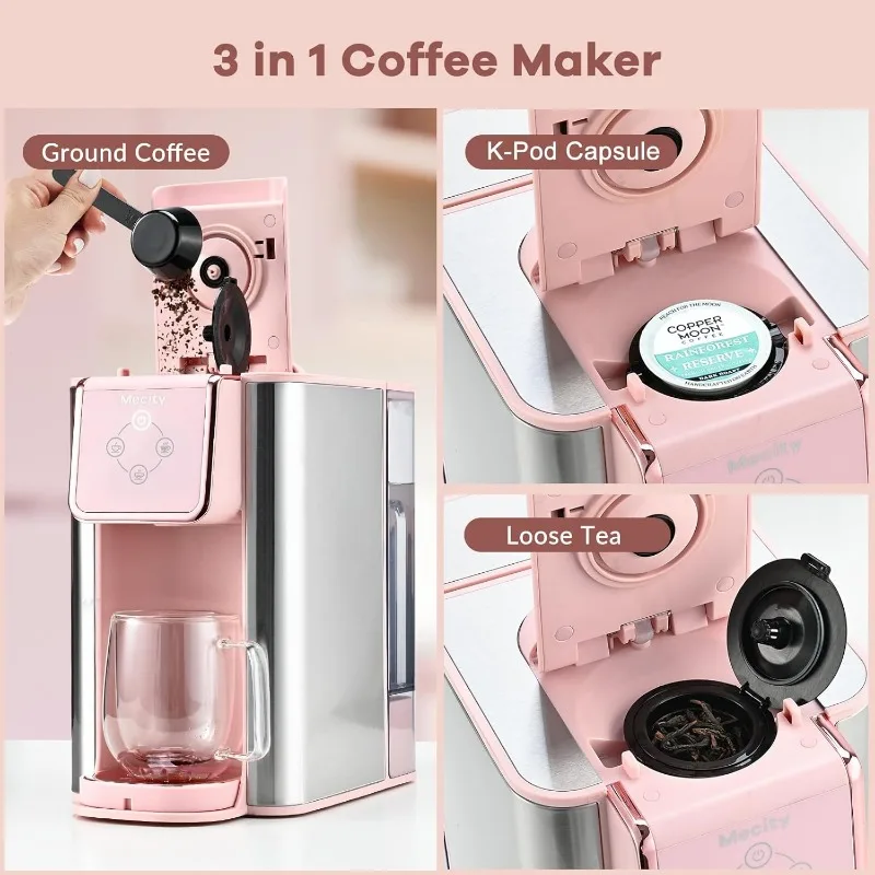 Pink Coffee Maker 3-in-1 Single Serve Coffee Machine, For Flat Bottom Coffee Capsule, Ground Coffee, 6 to 10 Ounce Cup 3