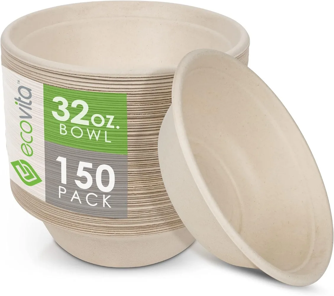 

100% Compostable Paper Bowls [32 oz.] – 150 Disposable Bowls Eco Friendly Sturdy Tree Free Liquid and Heat Resistant