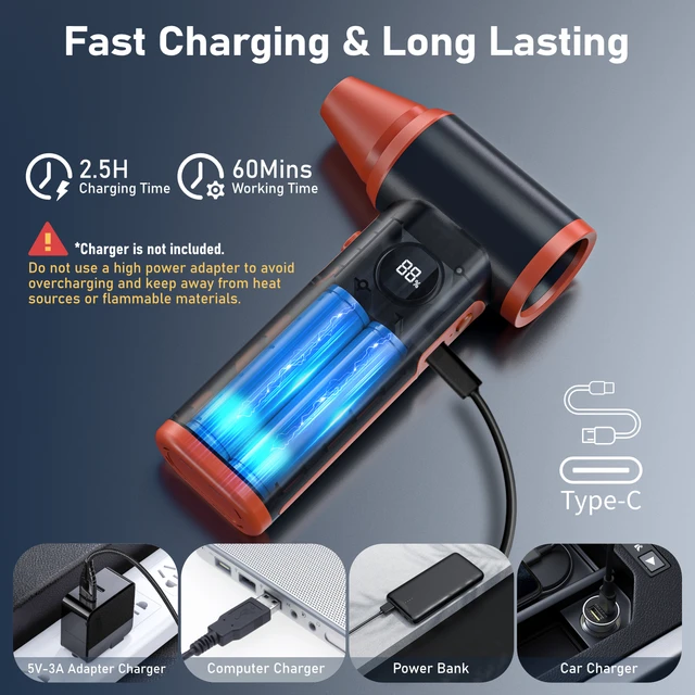 Electric Compressed Air Duster - 200,000 RPM Cordless Blower, 9,000mAh Battery, Stepless Speed Control
