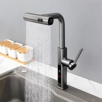 Rubinetto da cucina con display digitale caldo e freddo, rubinetto per lavello multifunzionale ruotabile estraibile, rubinetto LED ad energia idroelettrica 1