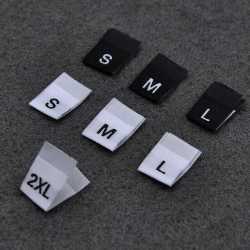 100Pcs XXS-7XL Clothing Size Label Black Text White Garment T-shirt Dress Cloth Fabric Label Tag DIY Handmade Sewing Accessory