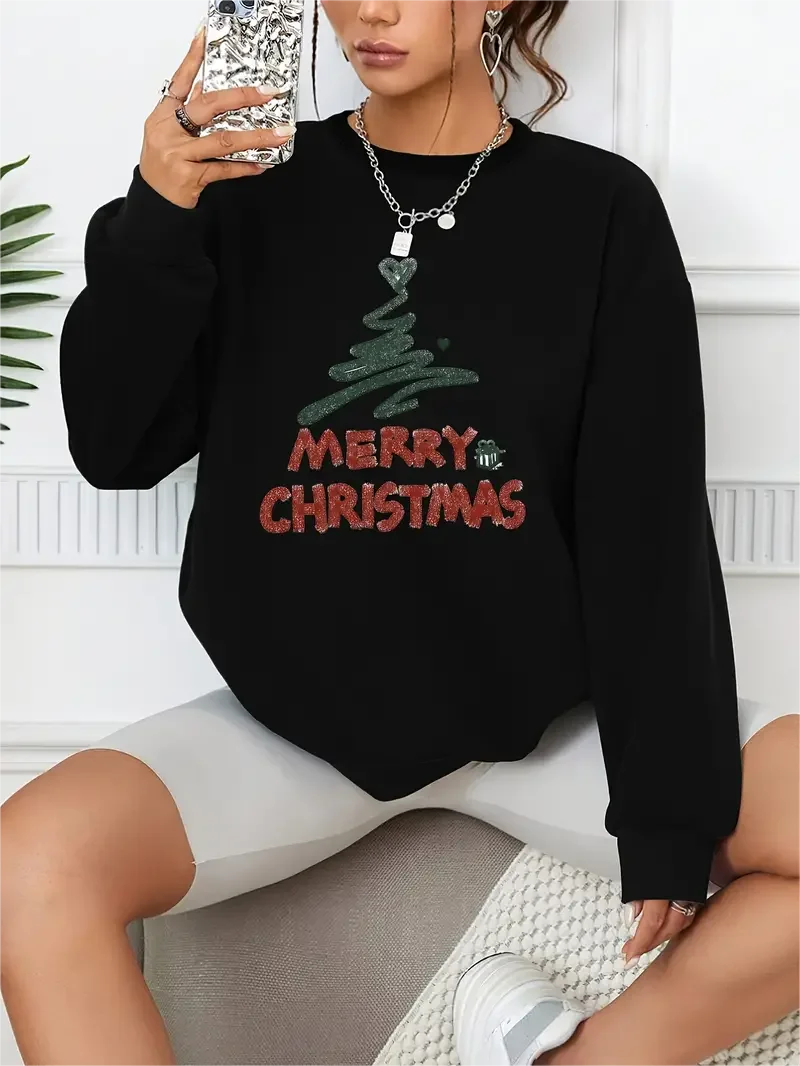 Merry Christmas Print Pullover Casual Loose Fashion Long-Sleeved Sweatshirt Solid Color Women's Clothing