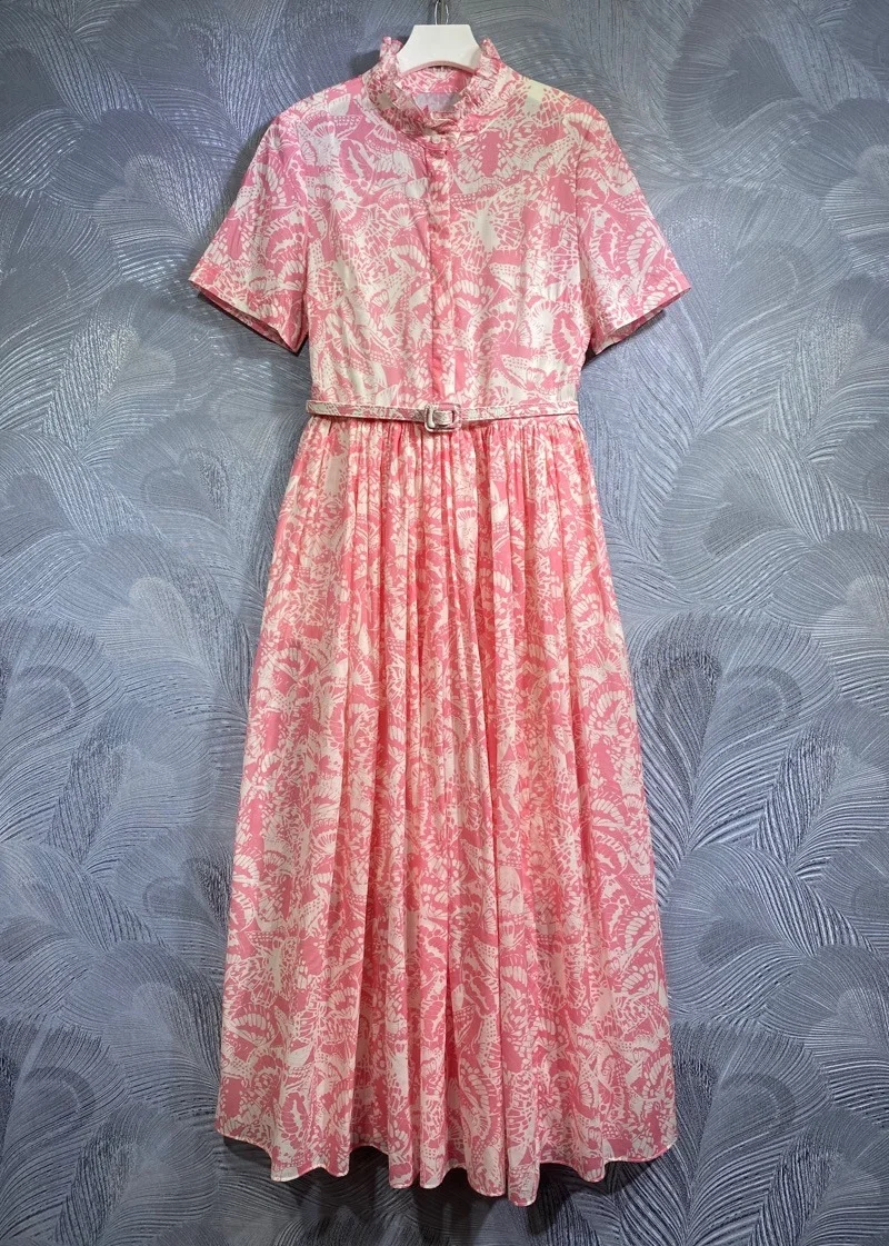 

100%Cotton Long Dress 2024 Spring Summer Style Women Exquisite Prints Belt Deco Short Sleeve Pink Green Long Maxi Dress Gorgeous