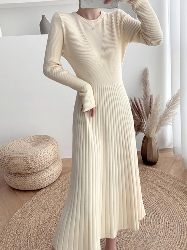 

2024 Women O-Neck Temperament Solid Knitted Dresses Autumn Winter French Gentle Simplicity Slim Over The Knee Long Sweater Skirt