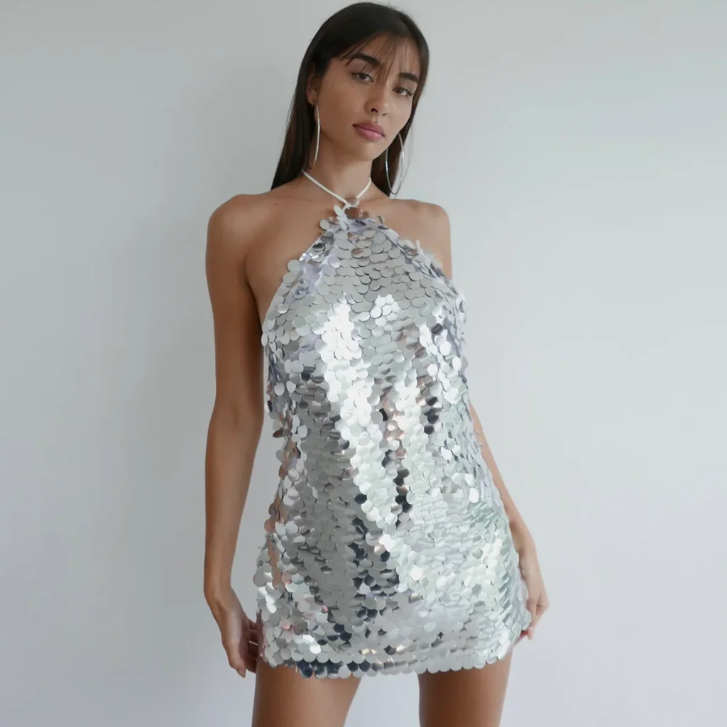 

Женская Блестящая одежда с лямкой на шее, открытая спина, без рукавов, мини-платье длиной ниже колена, сексуальные коктейльные платья выше колена, ночной клуб