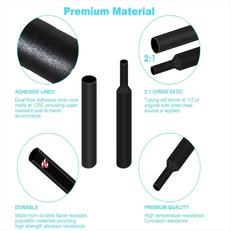 Black Heat Shrink Tube Assortment - Thermoresistant Polyolefin Tubing for Wire Insulation and Electrical Protection