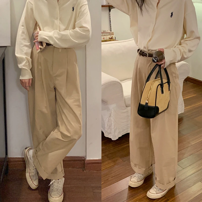 

2023 new style women's cropped pants high waist khaki straight tube wide leg pants casual work pants