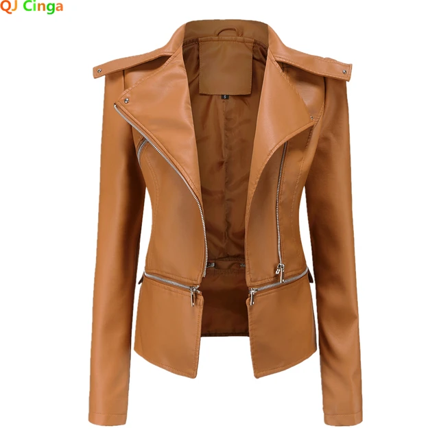QJ CINGA New Yellow Lapel Leather Coat: A Fashionable PU Jacket for Women