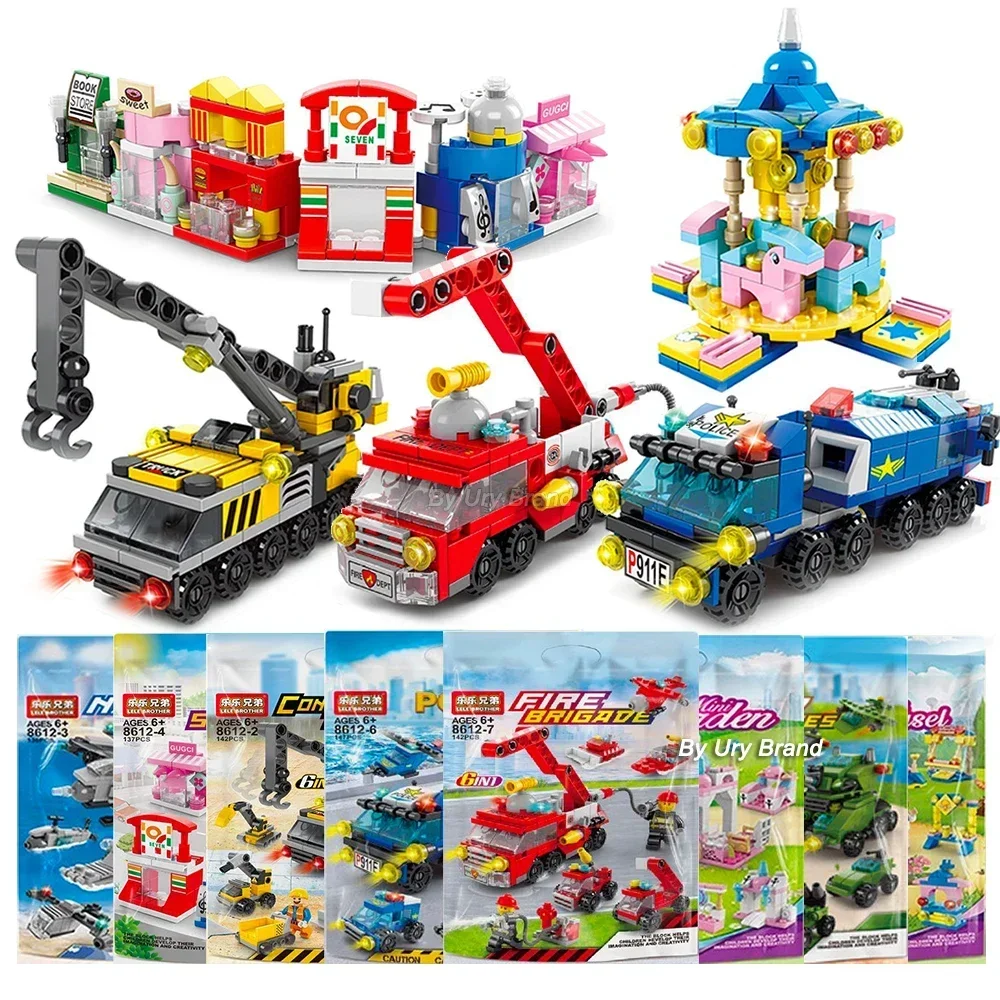 6IN1 Set City Engineering Crane Fire Car Police Truck Tank Helicopter ...