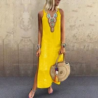 Women's New Casual Loose Cotton Hemp Bohemian Sexy Sleeveless Deep V-neck Side Split Dress