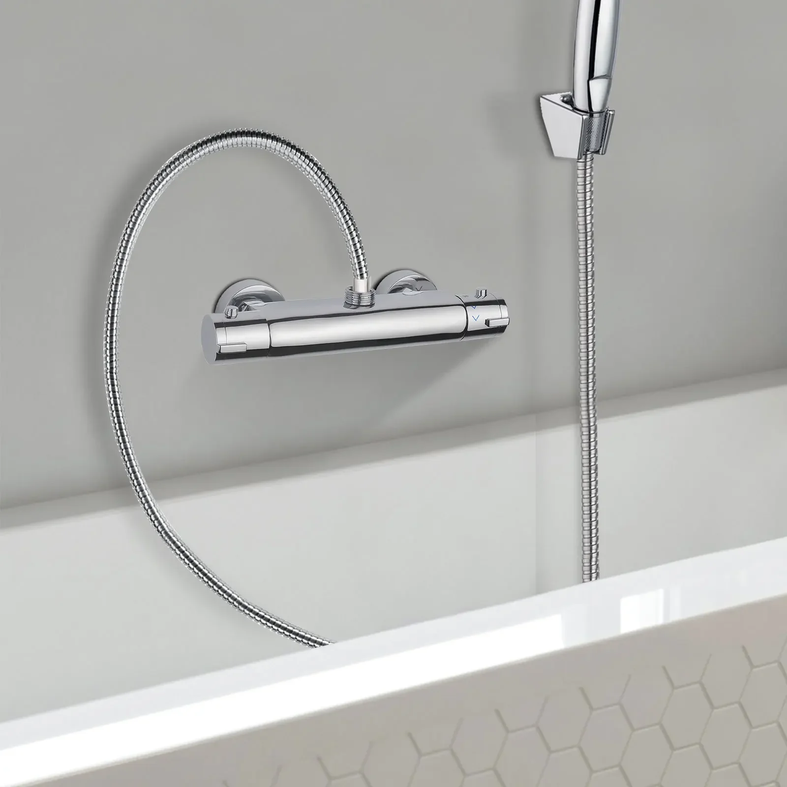 Thermostatische Duscharmatur G3/4 Schläuche Geeignet für Bad, Verchromtes Kupfer, Sicherheitsknopf, 38 ° C Temperaturregelung – Detail 7
