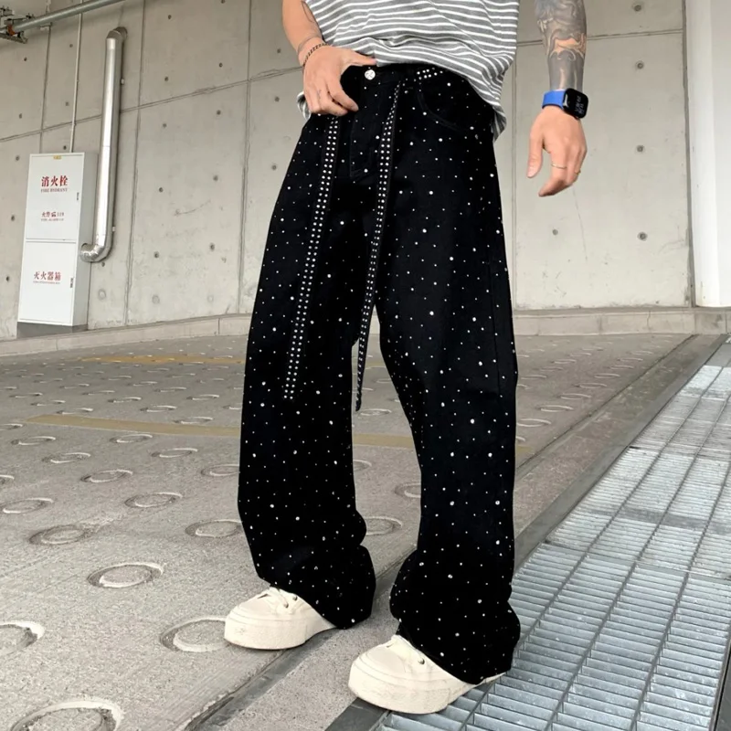 Bright Diamond Wide Leg Baggy Jeans Men Streetwear Fashion Hip Hop
